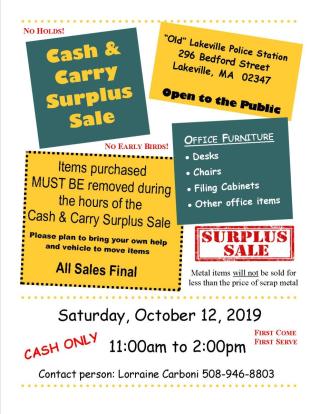 Cash & Carry Surplus Sale at "Old" Lakeville Police Station