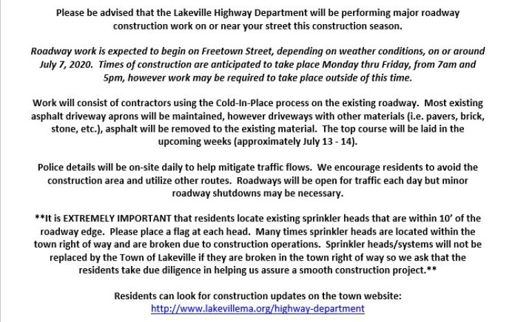 Freetown Street Construction Notice